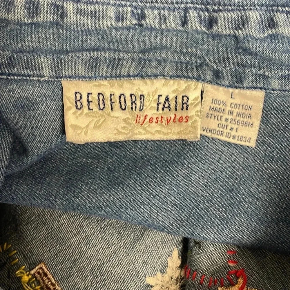 Bedford Fair Denim Chambray Womens Christmas Holiday Button Down Shirt Size Larg - Picture 5 of 5